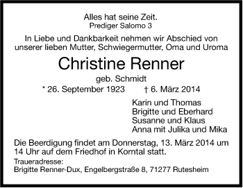 Traueranzeige von Christine Renner von Stuttgarter Zeitung / Stuttgarter Nachrichten