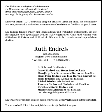 Traueranzeige von Ruth Endreß von Stuttgarter Zeitung / Stuttgarter Nachrichten