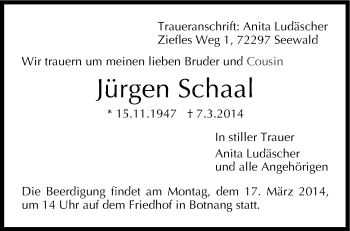 Traueranzeige von Jürgen Schaal von Stuttgarter Zeitung / Stuttgarter Nachrichten