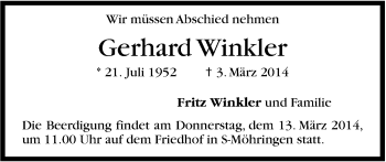 Traueranzeige von Gerhard Winkler von Stuttgarter Zeitung / Stuttgarter Nachrichten