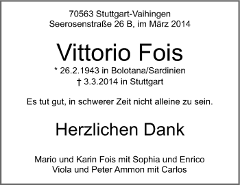 Traueranzeige von Vittorio Fois von Stuttgarter Zeitung / Stuttgarter Nachrichten