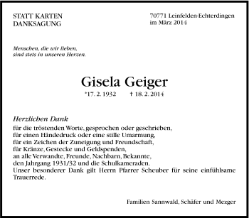 Traueranzeige von Gisela Geiger von Stuttgarter Zeitung / Stuttgarter Nachrichten