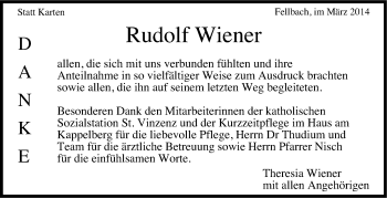 Traueranzeige von Rudolf Wiener von Stuttgarter Zeitung / Stuttgarter Nachrichten