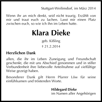 Traueranzeige von Klara Dieke von Stuttgarter Zeitung / Stuttgarter Nachrichten