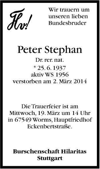 Traueranzeige von Peter Stephan von Stuttgarter Zeitung / Stuttgarter Nachrichten