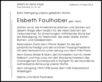 Traueranzeige von Elsbeth Faulhaber von Stuttgarter Zeitung / Stuttgarter Nachrichten