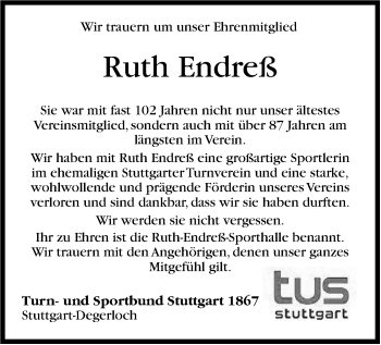 Traueranzeige von Ruth Endreß von Stuttgarter Zeitung / Stuttgarter Nachrichten