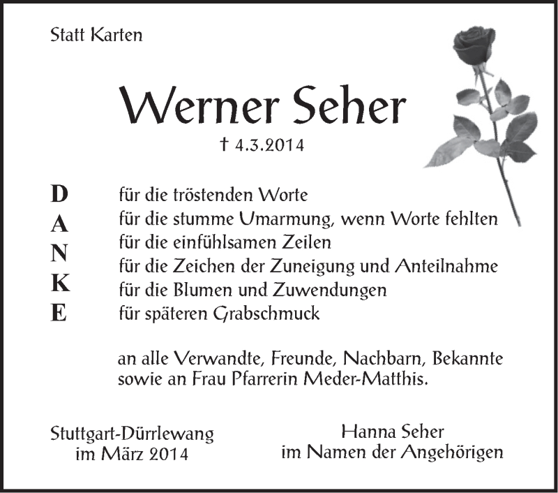  Traueranzeige für Werner Seher vom 22.03.2014 aus Stuttgarter Zeitung / Stuttgarter Nachrichten