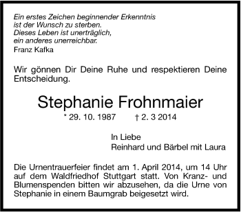 Traueranzeige von Stephanie Frohnmaier von Stuttgarter Zeitung / Stuttgarter Nachrichten