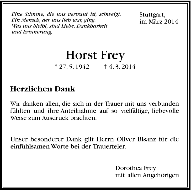  Traueranzeige für Horst Frey vom 29.03.2014 aus Stuttgarter Zeitung / Stuttgarter Nachrichten