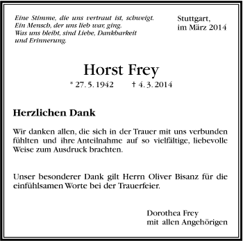 Traueranzeige von Horst Frey von Stuttgarter Zeitung / Stuttgarter Nachrichten