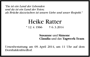 Traueranzeige von Heike Ratter von Stuttgarter Zeitung / Stuttgarter Nachrichten