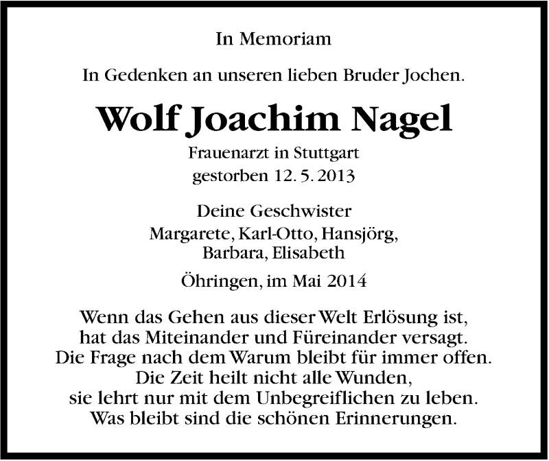  Traueranzeige für Wolf Joachim Nagel vom 12.05.2014 aus Stuttgarter Zeitung / Stuttgarter Nachrichten