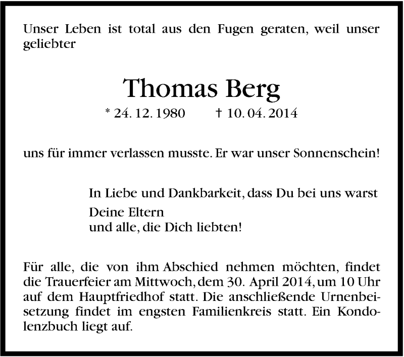  Traueranzeige für Thomas Berg vom 12.04.2014 aus Stuttgarter Zeitung / Stuttgarter Nachrichten