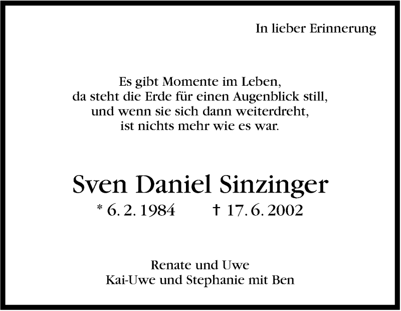  Traueranzeige für Sven Daniel Sinzinger vom 17.06.2014 aus Stuttgarter Zeitung / Stuttgarter Nachrichten
