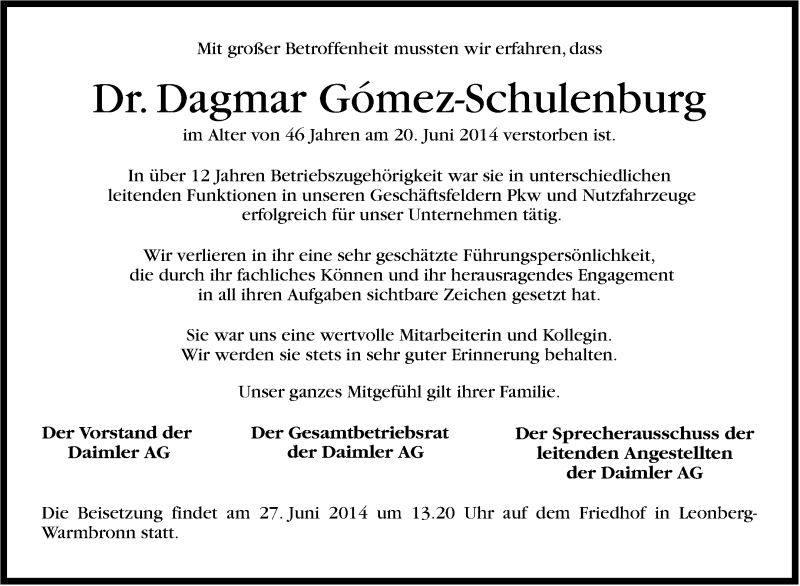  Traueranzeige für Dagmar Gómez-Schulenburg vom 26.06.2014 aus Stuttgarter Zeitung / Stuttgarter Nachrichten