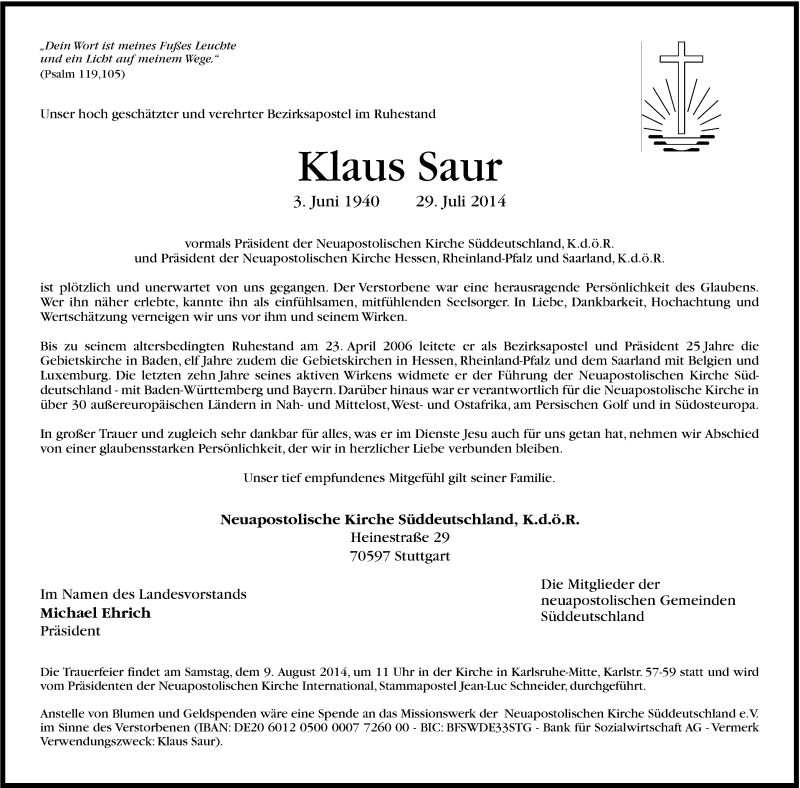  Traueranzeige für Klaus Saur vom 02.08.2014 aus Stuttgarter Zeitung / Stuttgarter Nachrichten