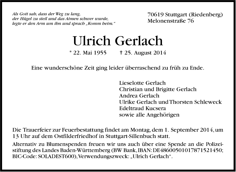  Traueranzeige für Ulrich Gerlach vom 27.08.2014 aus Stuttgarter Zeitung / Stuttgarter Nachrichten