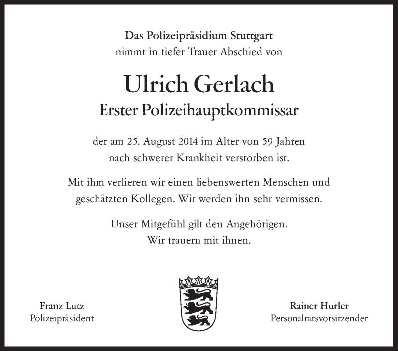  Traueranzeige für Ulrich Gerlach vom 27.08.2014 aus Stuttgarter Zeitung / Stuttgarter Nachrichten
