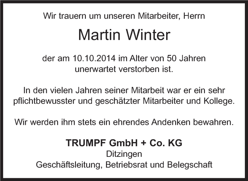  Traueranzeige für Martin Winter vom 16.10.2014 aus Stuttgarter Zeitung / Stuttgarter Nachrichten