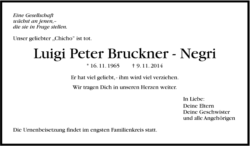  Traueranzeige für Luigi Peter Bruckner-Negri vom 12.11.2014 aus Stuttgarter Zeitung / Stuttgarter Nachrichten