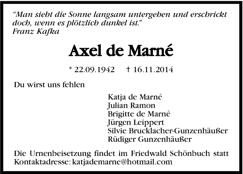  Traueranzeige für Axel de Marnè vom 26.11.2014 aus Stuttgarter Zeitung / Stuttgarter Nachrichten