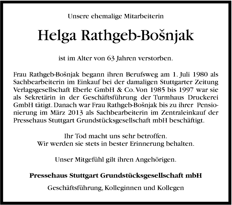  Traueranzeige für Helga Rathgeb-Bošnjak vom 08.01.2015 aus Stuttgarter Zeitung / Stuttgarter Nachrichten