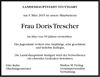 Traueranzeige von Doris Trescher von Stuttgarter Zeitung / Stuttgarter Nachrichten