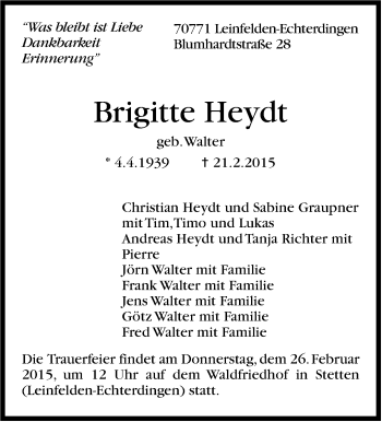 Traueranzeige von Brigitte Heydt von Stuttgarter Zeitung / Stuttgarter Nachrichten