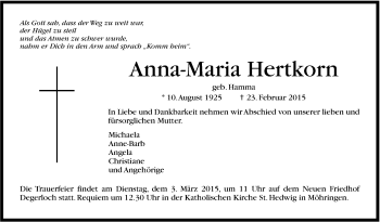 Traueranzeige von Anna-Maria Hertkorn von Stuttgarter Zeitung / Stuttgarter Nachrichten