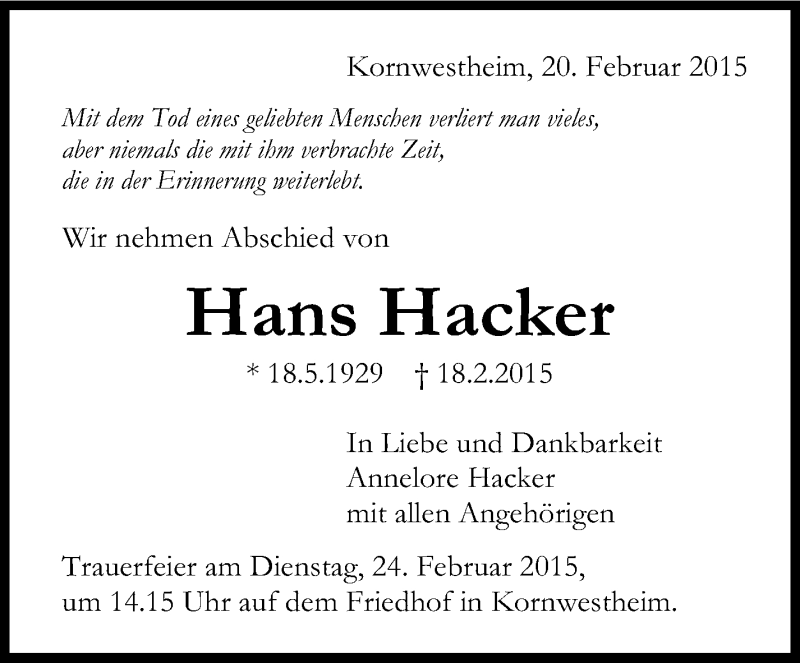  Traueranzeige für Hans Hacker vom 20.02.2015 aus Stuttgarter Zeitung / Stuttgarter Nachrichten