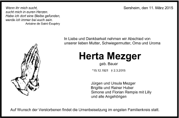 Traueranzeige von Herta Mezger von Stuttgarter Zeitung / Stuttgarter Nachrichten