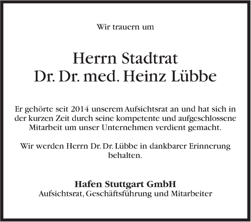  Traueranzeige für Heinz Lübbe vom 07.10.2015 aus Stuttgarter Zeitung / Stuttgarter Nachrichten