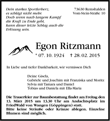 Traueranzeige von Egon Ritzmann von Stuttgarter Zeitung / Stuttgarter Nachrichten