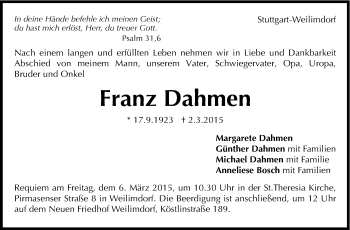 Traueranzeige von Franz Dahmen von Stuttgarter Zeitung / Stuttgarter Nachrichten