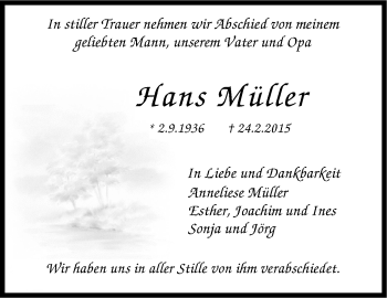 Traueranzeige von Hans Müller von Stuttgarter Zeitung / Stuttgarter Nachrichten