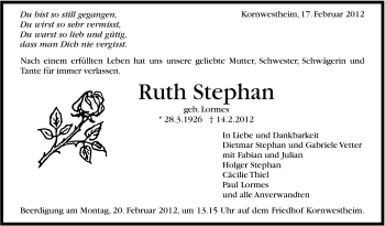 Traueranzeige von Ruth Stephan von Stuttgarter Zeitung / Stuttgarter Nachrichten