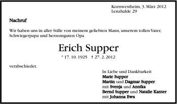Traueranzeige von Erich Supper von Stuttgarter Zeitung / Stuttgarter Nachrichten