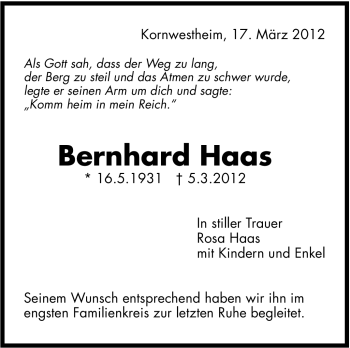 Traueranzeige von Bernhard Haas von Stuttgarter Zeitung / Stuttgarter Nachrichten