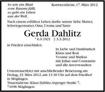 Traueranzeige von Gerda Dahlitz von Stuttgarter Zeitung / Stuttgarter Nachrichten