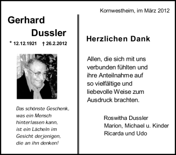 Traueranzeige von Gerhard Friedrich Dussler von Stuttgarter Zeitung / Stuttgarter Nachrichten