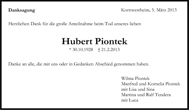  Traueranzeige für Hubert Piontek vom 05.03.2013 aus Stuttgarter Zeitung / Stuttgarter Nachrichten