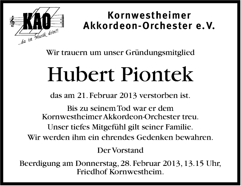  Traueranzeige für Hubert Piontek vom 26.02.2013 aus Stuttgarter Zeitung / Stuttgarter Nachrichten