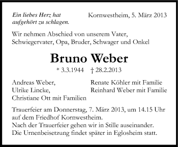 Traueranzeige von Bruno Weber von Stuttgarter Zeitung / Stuttgarter Nachrichten