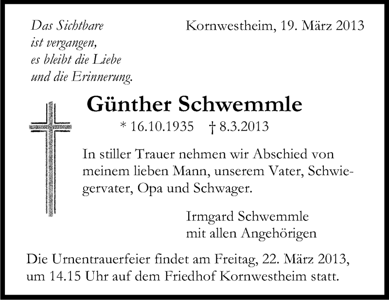  Traueranzeige für Günther Schwemmle vom 19.03.2013 aus Stuttgarter Zeitung / Stuttgarter Nachrichten
