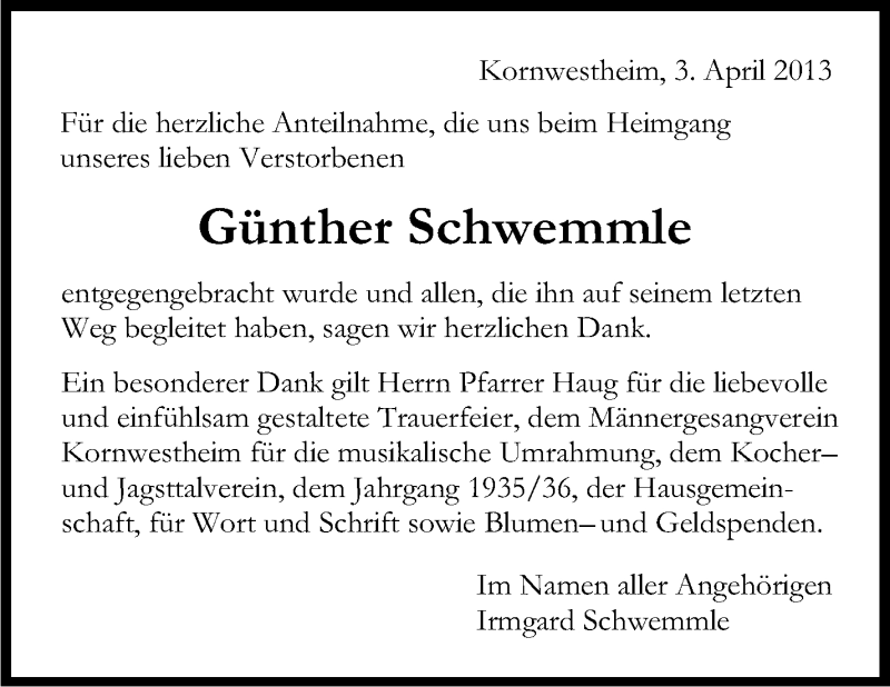  Traueranzeige für Günther Schwemmle vom 03.04.2013 aus Stuttgarter Zeitung / Stuttgarter Nachrichten