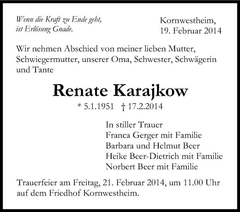  Traueranzeige für Renate Karajkow vom 19.02.2014 aus Stuttgarter Zeitung / Stuttgarter Nachrichten