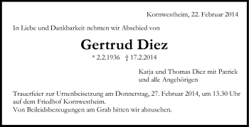 Traueranzeige von Gertrud Diez von Stuttgarter Zeitung / Stuttgarter Nachrichten