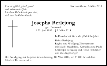 Traueranzeige von Josepha Berlejung von Stuttgarter Zeitung / Stuttgarter Nachrichten