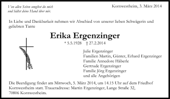 Traueranzeige von Erika Ergenzinger von Stuttgarter Zeitung / Stuttgarter Nachrichten